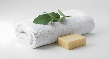 White Rolled Towel with Natural Soap and Green Eucalyptus Leaf