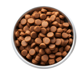Top down view of a bowl filled with dog food kibble isolated on transparent background
