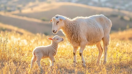 Obraz premium Mother sheep and lamb in golden field