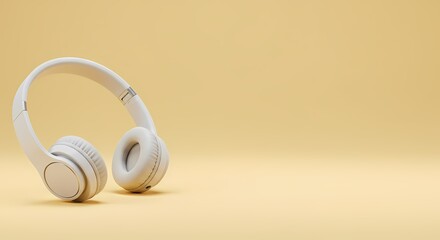 Minimalist White Headphones on Pale Yellow Background Audio Music Technology Concept