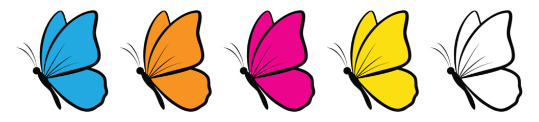 A colorful set of five butterfly icons, including blue, orange, pink, yellow, and outline versions, perfect for nature or beauty designs