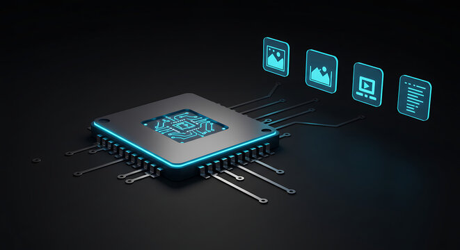 Futuristic microprocessor with glowing circuits managing digital information. Multimedia technology and data processing concept.