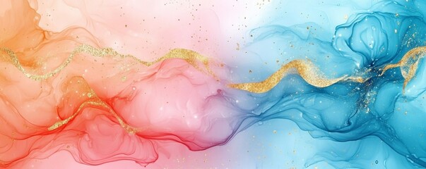 Abstract watercolor painting featuring soft pastel pink, blue, and golden lines, with a fluid marbled texture, ideal for artistic and design backgrounds, Generative AI