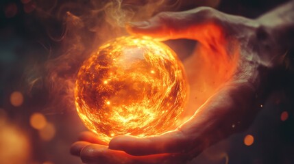 Fototapeta premium Fiery orb held within cupped hands.