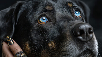 The owner gives a treat to his dog. A man's hand holds a pellet of dog food in front of the mouth of a Rottweiler. First-person view. Close-up. Selective focus.
