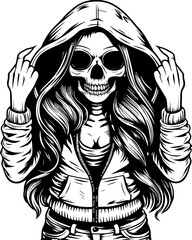 SVG of a rapper-themed skull and skeleton in an edgy tattoo style. Skull Woman with Long Hair Wears Hoodie and Shows Middle Finger