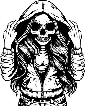 SVG of a rapper-themed skull and skeleton in an edgy tattoo style. Skull Woman with Long Hair Wears Hoodie and Shows Middle Finger