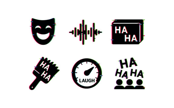 six different glitch effect illustration isolated on white backgorund laughter emoji mask prop laughter sound wave display laughter echo chamber box laughter trigger tickler brush laughter