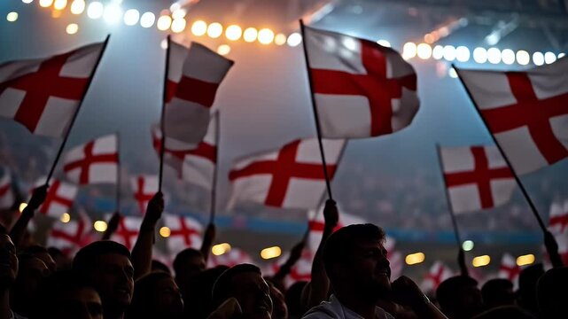 A crowd of English football fans waving the St. George's Cross flag in a stadium at night