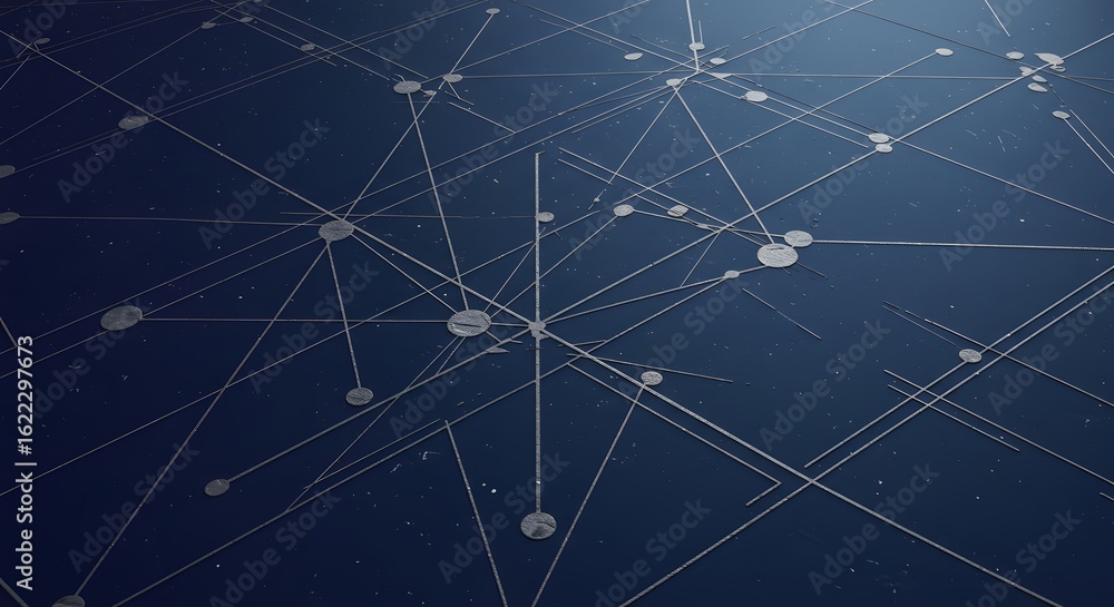 Poster an abstract digital network with interconnected nodes and lines on a dark blue background, represent