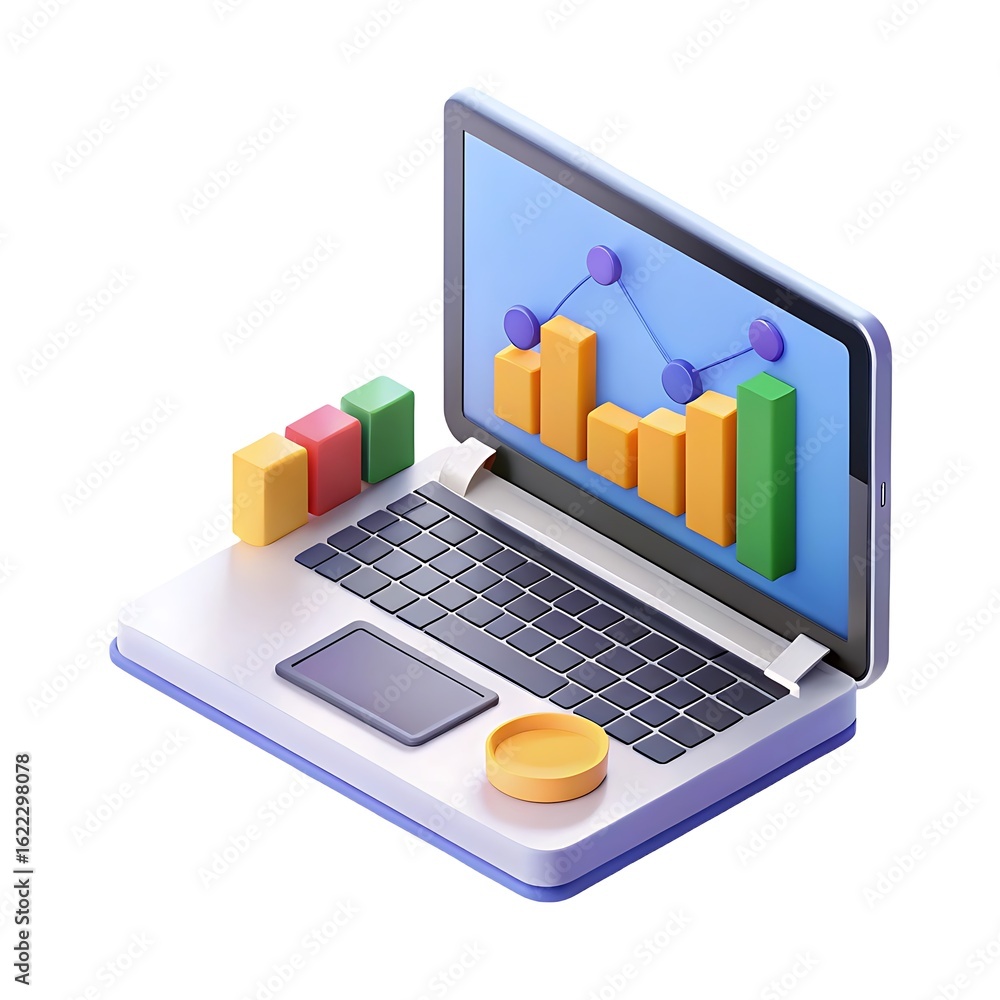 Poster 3d isometric laptop displaying financial growth chart and bar graphs with coin
