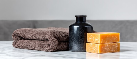 Brown towel, dark bottle, and orange soap on marble