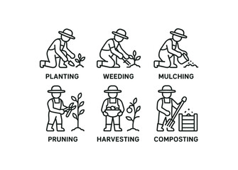 simple outline stroke icon items gardener (seasonal work): planting weeding mulching pruning harvesting composting monoline icons style isolated on white background