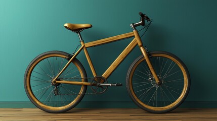 Wooden bicycle leaning against a wall. AI.