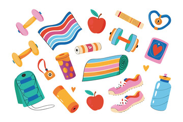 Workout Essentials: An eye-level shot that's visually appealing of essentials fitness-related elements like dumbbell, gym mat, healthy foods, and exercise props on vibrant background.