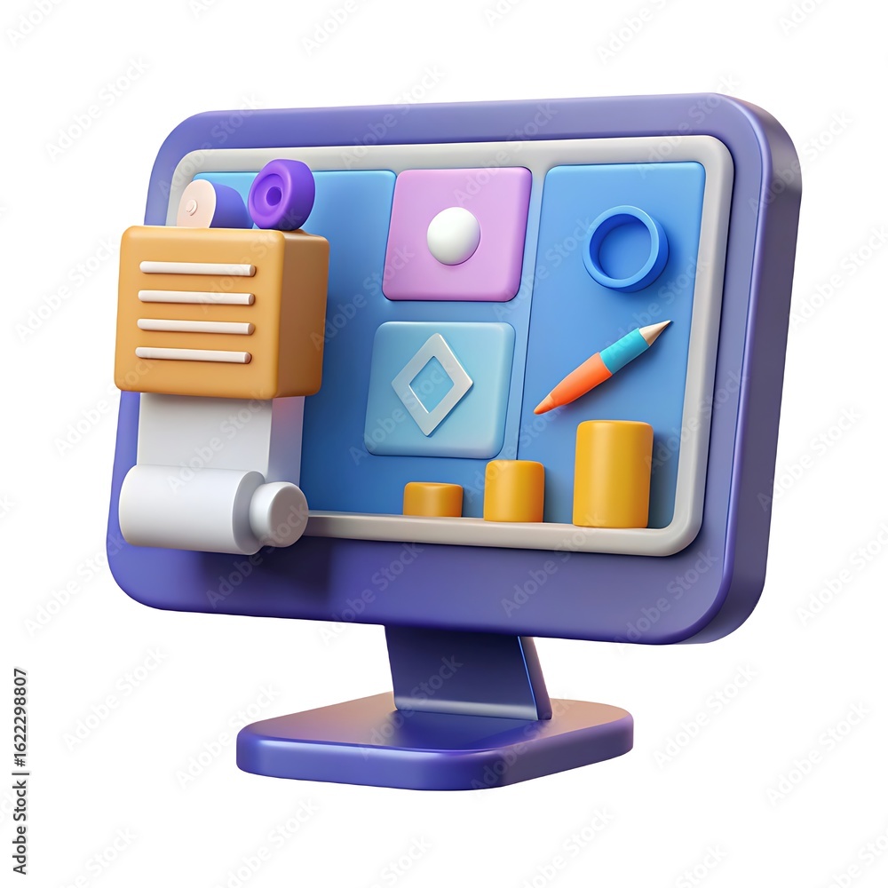 Poster 3d illustration of a computer monitor displaying a creative design interface with tools