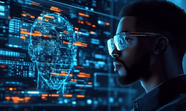 AI cybersecurity threat illustration, featuring a Black African American IT specialist analyzing data to detect potential security threats related to artificial intelligence, Generative AI - Powered by Adobe