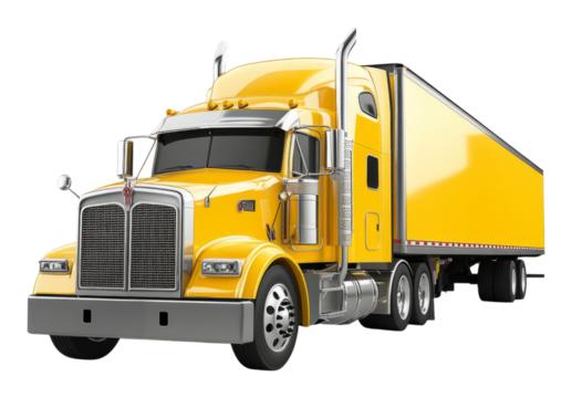 Bright Yellow Semi Truck with Large Trailer Ready for Transport, Isolated on Transparent Background