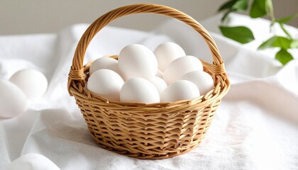 Organic eggs in a woven basket on cotton cloth. Rustic, natural, and fresh, perfect for farm, breakfast, and food photography projects.