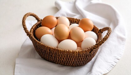 Organic eggs in a woven basket on cotton cloth. Rustic, natural, and fresh, perfect for farm, breakfast, and food photography projects.