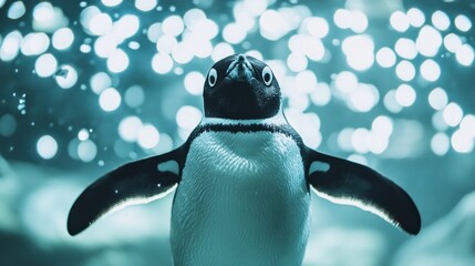 Naklejka premium Penguin in aquarium, outstretched wings, underwater, bokeh background