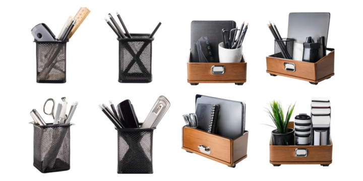 Office organization items on transparent background