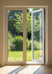 Fototapeta premium Inviting natural light: Open patio doors reveal lush garden views and wooden floor