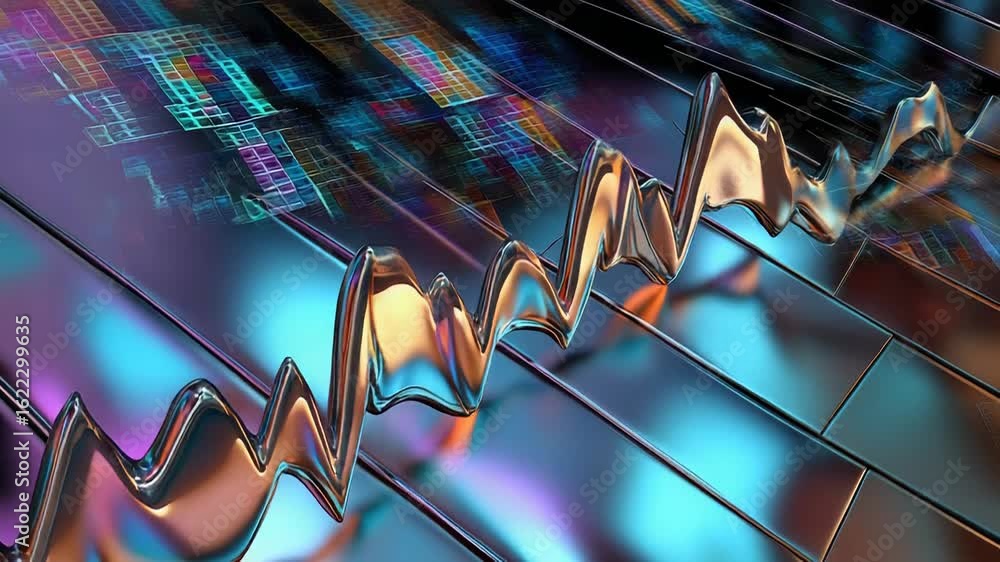 Poster metallic wave flows over futuristic surface with colorful data stream