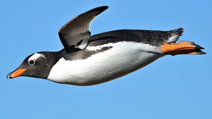 Fototapeta premium Gentoo Penguin in Flight Against a Clear Sky