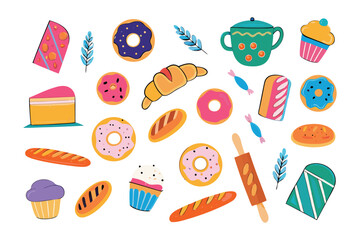 Baked Goods Assortment: A colorful illustration of various baked treats, including cakes, donuts, bread and pastries, perfect for culinary, baking, dessert related project.