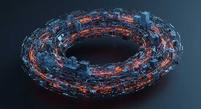 Isometric view of a circular futuristic cityscape, a toroidal megastructure with glowing orange data streams