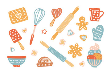 Bakery Utensils: An eye-level shot of vibrant array of bakery equipment, artfully arranged against a plain backdrop