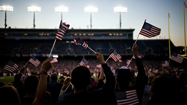A crowd of patriotic fans waving small American flags in a stadium at dusk with lights on