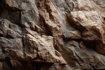 Close-up view of rough, textured rock face.  Varied shades of brown and gray