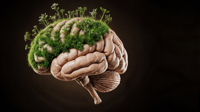 Close-up of human brain partially overgrown with moss and tiny plants &ndash; concept of nature, intelligence and regeneration