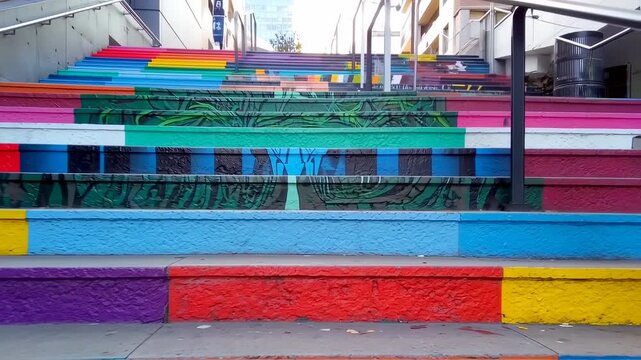 Colorful, painted steps with a repeating pattern of vibrant colors and leafy designs