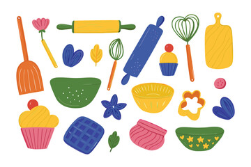 Baking Tools and Elements: An assortment of whimsical baking essentials, arranged in a vibrant and inviting composition, ready for culinary adventures.