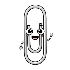 A cartoon paperclip character with expressive eyes and a cheerful smile waving on a white background