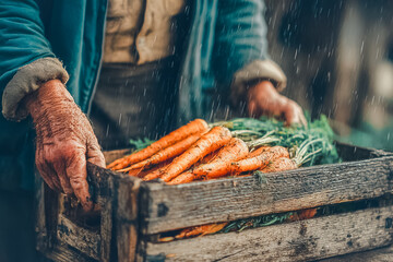 Farmer carrying fresh carrot in old wood crate.