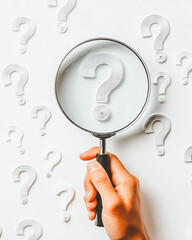 Question mark and magnifying glass analysis concept.