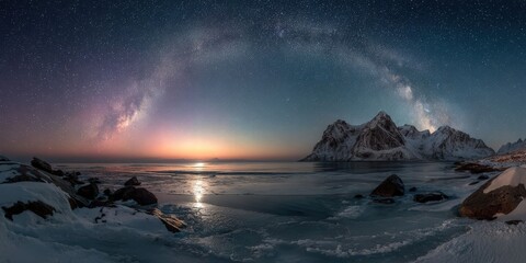 Naklejka premium Stunning Milky Way Arch Over Fjord and Snowy Mountains in Lofoten Islands, Norway