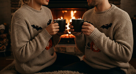 A couple in matching sweaters sits near a fireplace, holding mugs and enjoying a cozy, intimate moment.