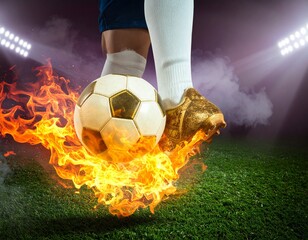 Close-up of a footballer&rsquo;s leg kicking a ball on a stadium field. Dust and grass in motion, dramatic lighting, no face visible, sports editorial style.