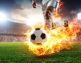 Close-up of a footballer&rsquo;s leg kicking a ball on a stadium field. Dust and grass in motion, dramatic lighting, no face visible, sports editorial style.