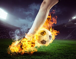 Close-up of a footballer&rsquo;s leg kicking a ball on a stadium field. Dust and grass in motion, dramatic lighting, no face visible, sports editorial style.