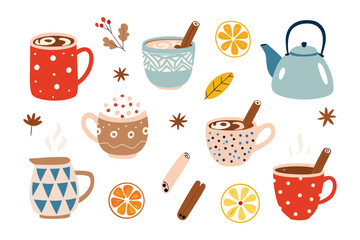 Cozy Beverage Array: A delightful illustration showcasing an array of comforting hot beverages, each thoughtfully presented with complementing garnishes, embodying warmth and seasonal delight.