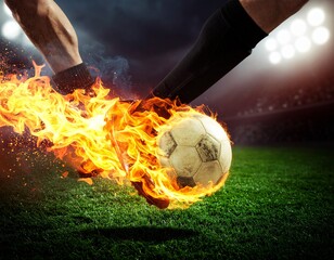Close-up of a footballer&rsquo;s leg kicking a ball on a stadium field. Dust and grass in motion, dramatic lighting, no face visible, sports editorial style.