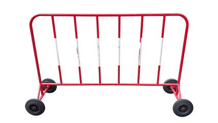 Red portable crowd control barrier on wheels