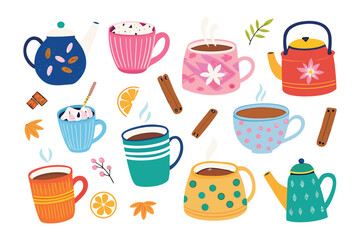 Warm beverages array: A colorful assortment of teacups and teapots with variety of decorative elements, offering warmth, comfort, and cozy vibes in artistic view.