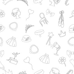 Ballet Dancing silhouttes. Dance ballet silhouettes. Dancer woman people. Set of ballerina props seamless pattern. Ballerina Girl Accessories and Dance Elements Line Icons Set. Set of Ballerina Props